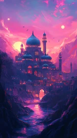 Enchanted domed palace glows beneath twin sunset skies.
