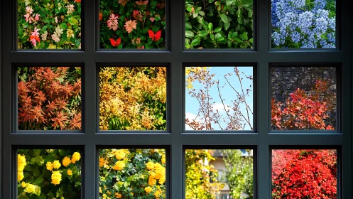 Seasonal garden collage framed in geometric window grid.
