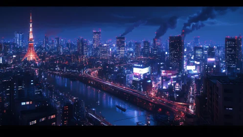 Neon river skyline under moody cyberpunk night sky.