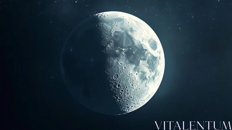 Lunar hemisphere with terminator line and cratered surface.