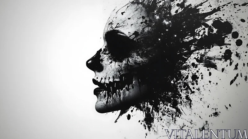 Ink-splatter skull profile merging portrait and void.