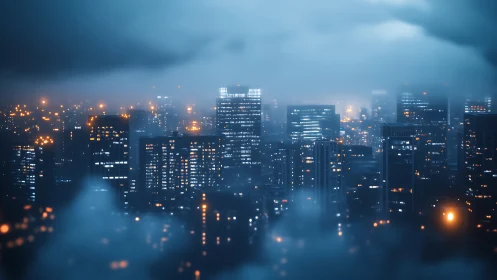 Foggy neon city skyline glows against deep blue night sky