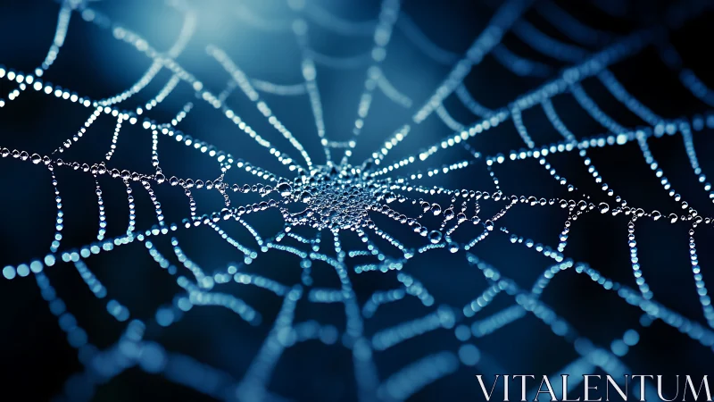 Spiderweb with dew droplets in low light perspective view.