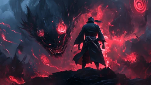 Lone warrior confronts colossal demon in crimson storm