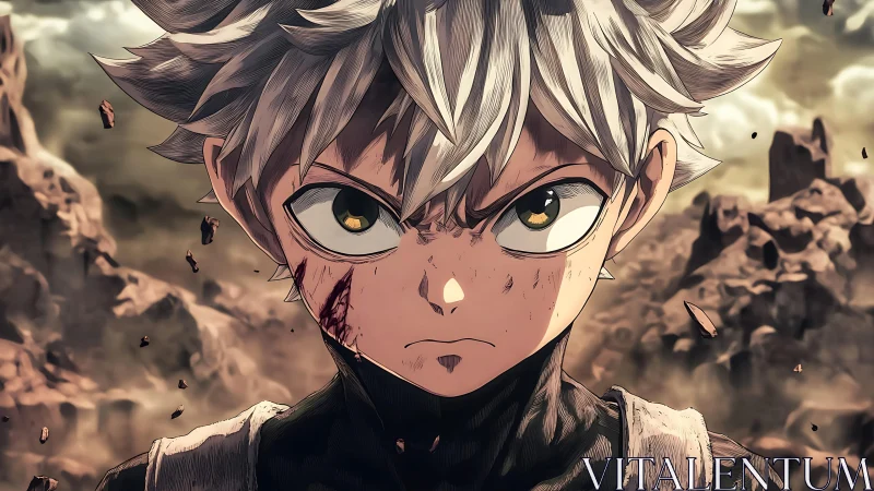 Battle-worn anime hero amid shattered rocky wasteland.