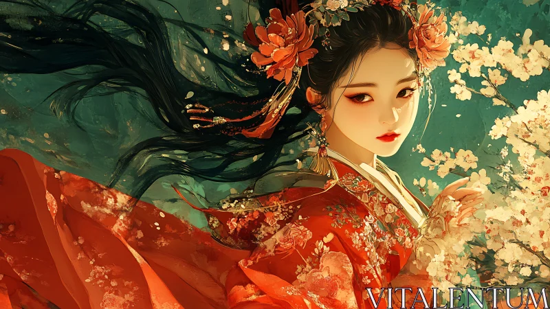 Digital portrait of woman in ornate red robe and blossoms.