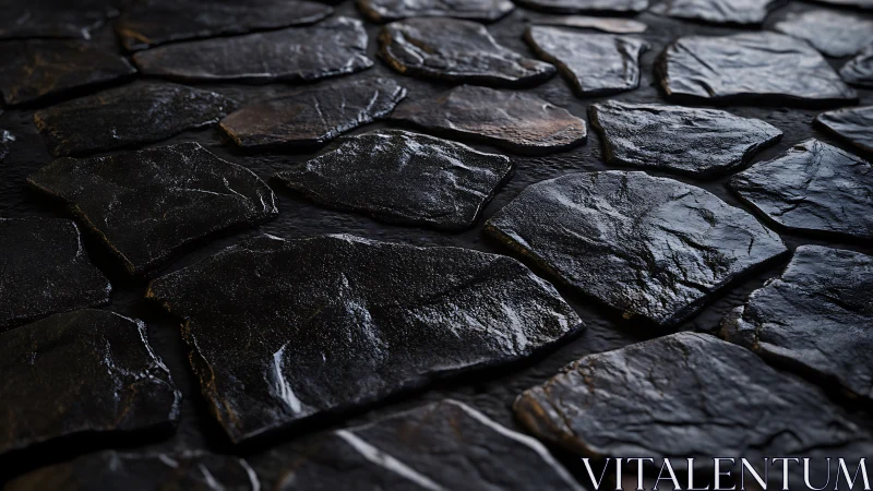Glistening wet stone path quietly reflects soft, moody light
