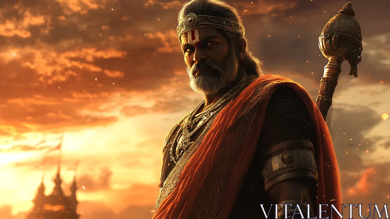 Sunlit warrior elder with mace in cinematic digital armor.