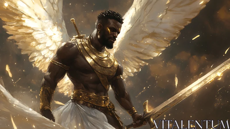 Radiant celestial warrior poised with flaming golden blade.