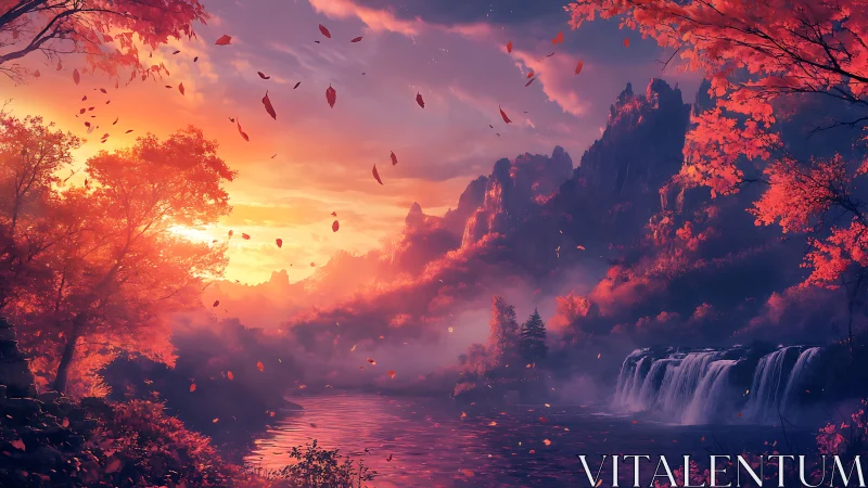 Sunset waterfalls and crimson forests in dreamy autumn light.