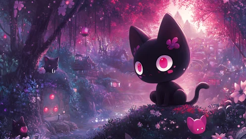 Black cartoon cat in luminous pink and purple fantasy forest.
