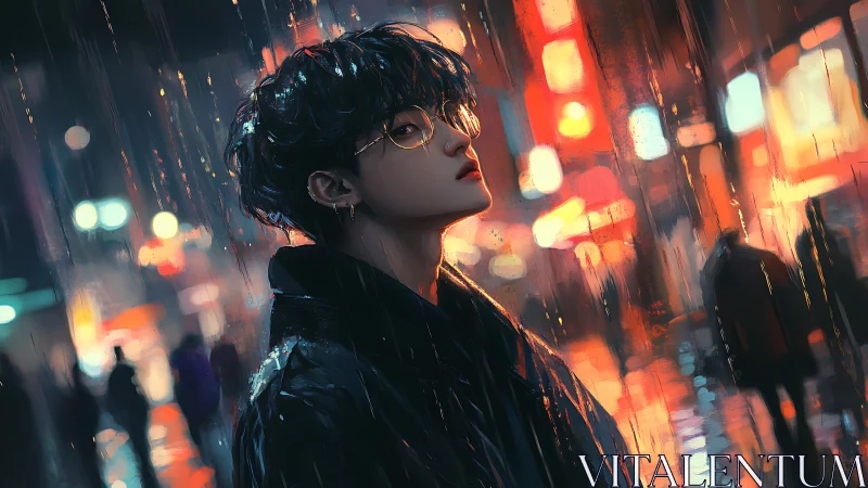 Midnight rain wraps a reflective soul in neon city light