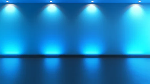 Minimal gallery wall washed in soft blue spotlight glow.