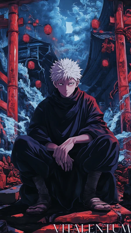 White-haired anime figure in dark robes amid red lanterns.