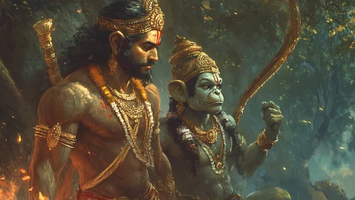 Warrior and simian figure stand in ornate forest setting