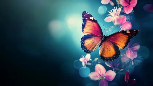 Butterfly drifting through dreamy blue and pink blossoms.