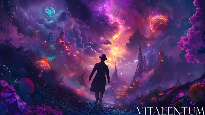 Silhouetted figure in luminous alien landscape at twilight.