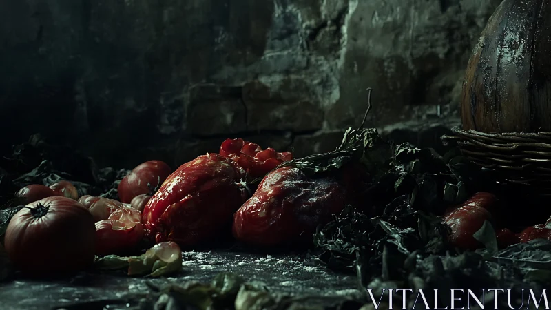 Decayed tomatoes form a chiaroscuro still life on stone