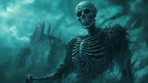 Colossal skeletal wraith guarding decayed neo‑gothic citadel