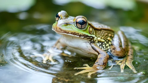 Close-up view of a green and brown frog in shallow water.