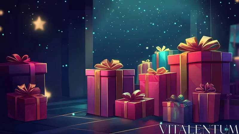 Midnight gift towers glow beneath a sky of drifting stars.