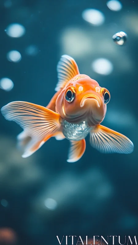Goldfish in clear blue water with soft bokeh background.
