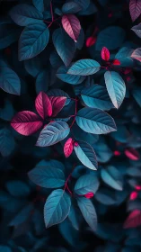Neon teal and magenta leaves glow in moody forest dusk.