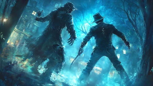 Midnight duel in neon fog between trenchcoat shadows.