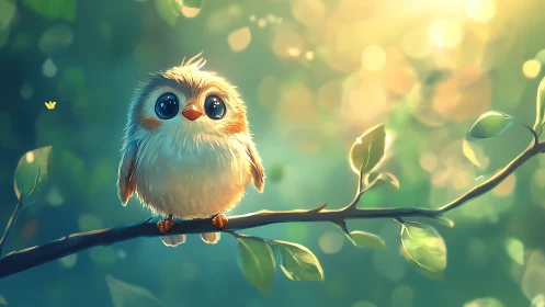 Cute Fluffy Bird on Branch in Dreamy Animated Style Illustration.