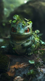 Forest creature sits calmly wrapped in gentle green leaves