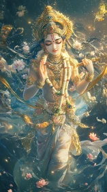Divine celestial figure in jeweled regalia amid luminous waters