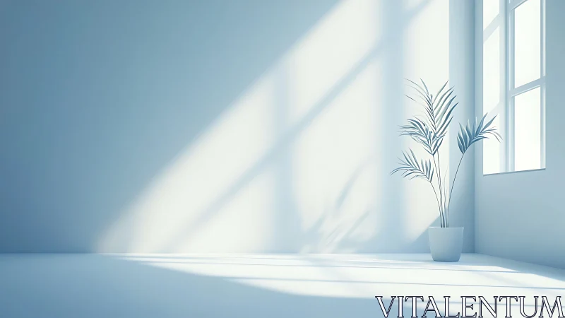 Minimalist white room with potted plant and window light.