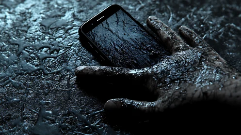 Wet asphalt hand gripping reflective smartphone surface.