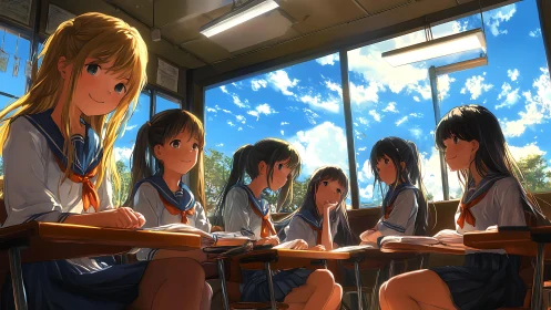 Sunlit classroom circle of friends in soft anime style.