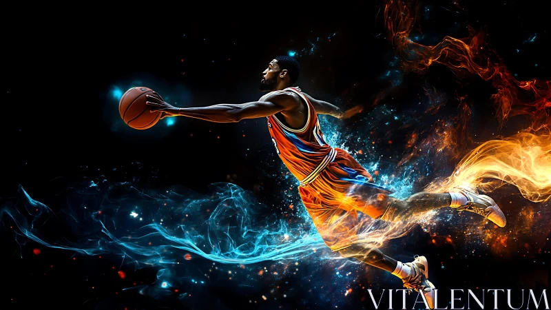 Soaring basketball player ignites the court in fiery motion