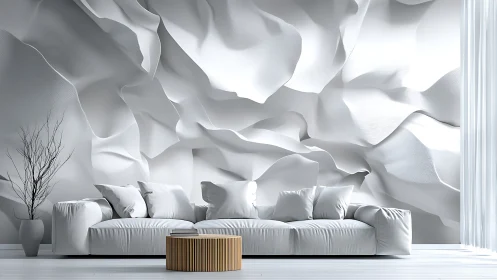 Billowing white wall waves embracing a cloud-soft sofa dream.