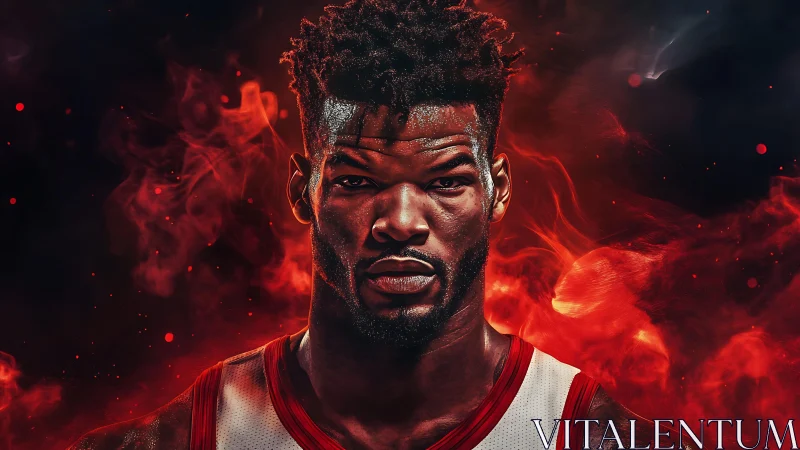 Intense basketball portrait within swirling red smoke flames.
