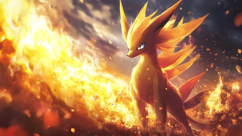 Fiery fox creature standing amid blazing inferno storm.