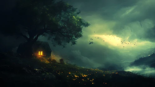 Small lit cabin under large tree beside misty valley