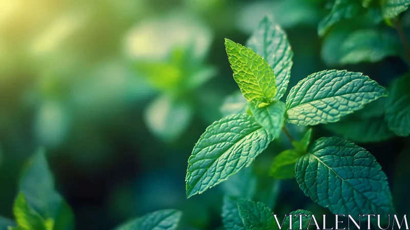Mint plant leaves are shown in close-up under soft daylight