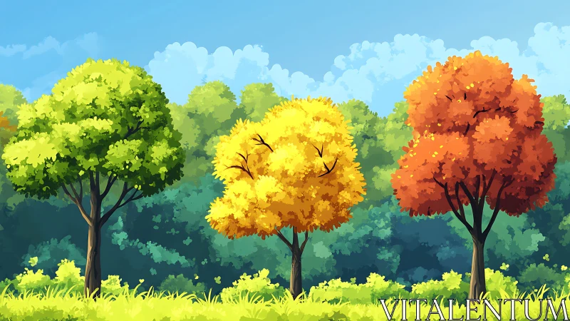 Colorful trio of seasonal trees in bright stylized landscape.