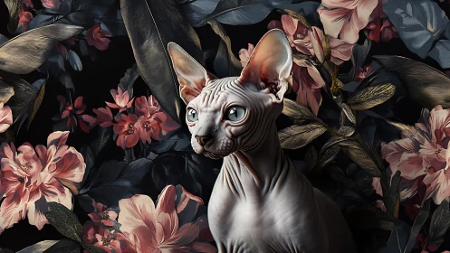 Hairless Feline Emerges Amid Blooming Floral Composition