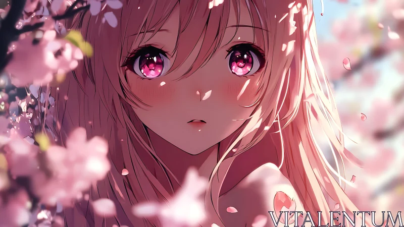 Blossom-lit anime girl with luminous pink, reflective eyes.