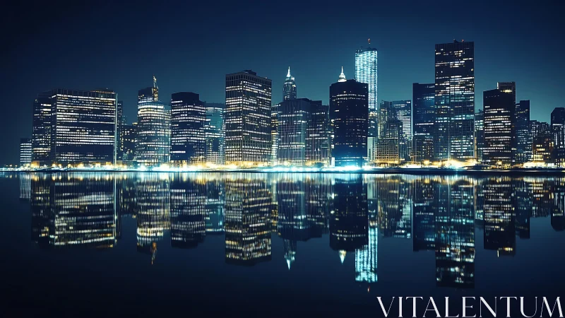 Nocturnal glass skyline with mirrored waterfront reflections