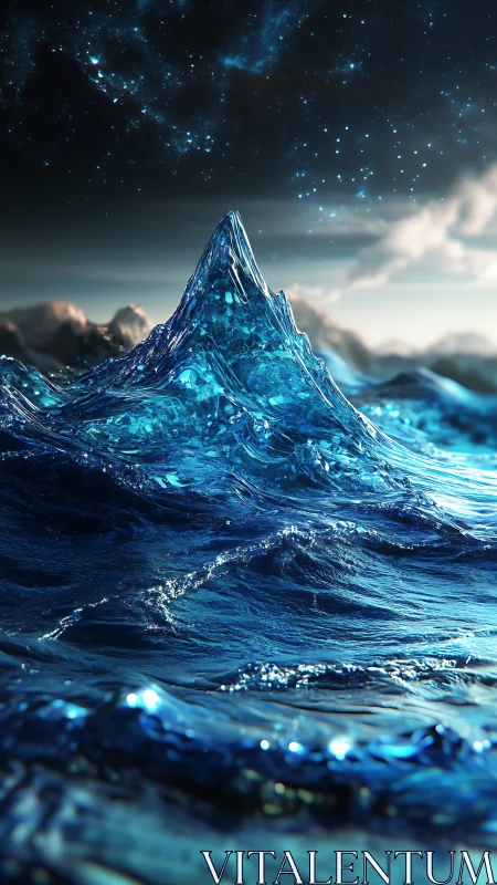 Celestial-lit crystalline wave peak rises under starfield sky