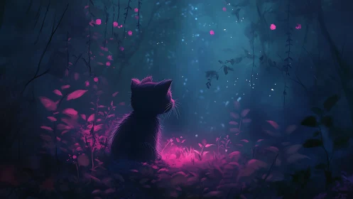 Silhouetted Feline in Luminescent Botanical Environment with Neon Ambient Lighting.
