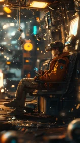 Solitary cybernetic operator seated in illuminated control bay