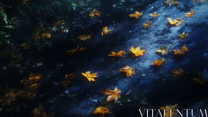 Golden autumn leaves float across dark wet pavement