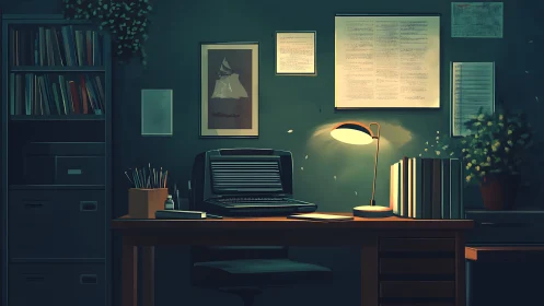 Vintage writer desk glows under focused lamplight.