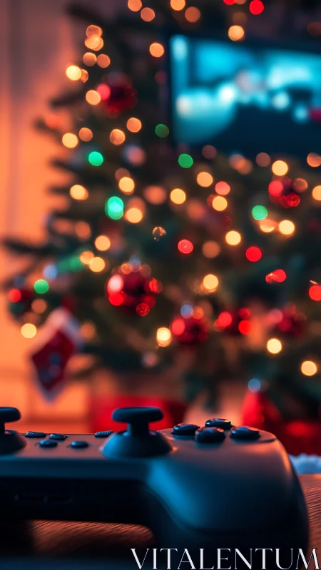 Holiday gaming controller with festive bokeh lighting focus.